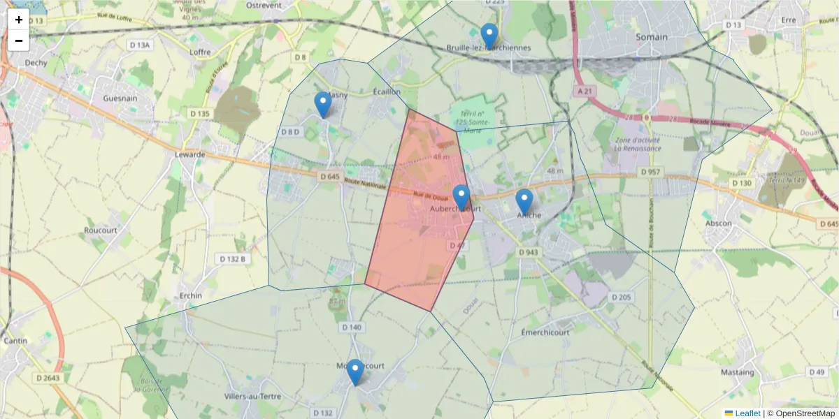 Carte de la zone du code postal  et des codes postaux voisins en France