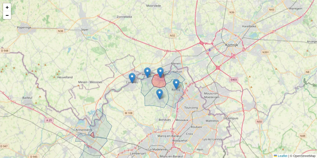 Carte de la zone du code postal  et des codes postaux voisins en France