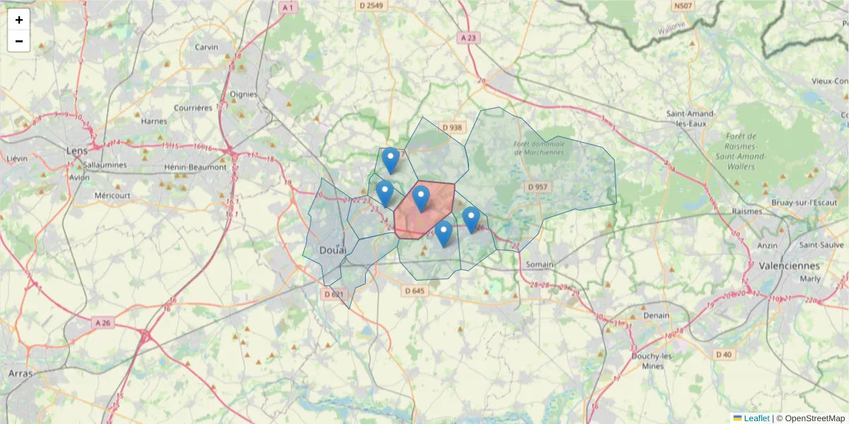 Carte de la zone du code postal  et des codes postaux voisins en France