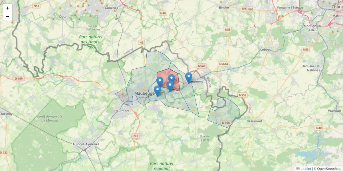 Carte de la zone du code postal  et des codes postaux voisins en France