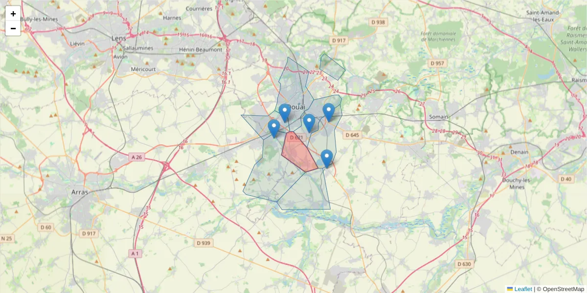 Carte de la zone du code postal  et des codes postaux voisins en France