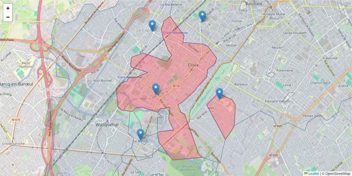 Carte de la zone du code postal  et des codes postaux voisins en France