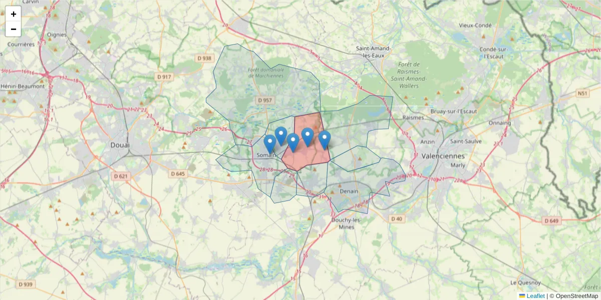 Carte de la zone du code postal  et des codes postaux voisins en France