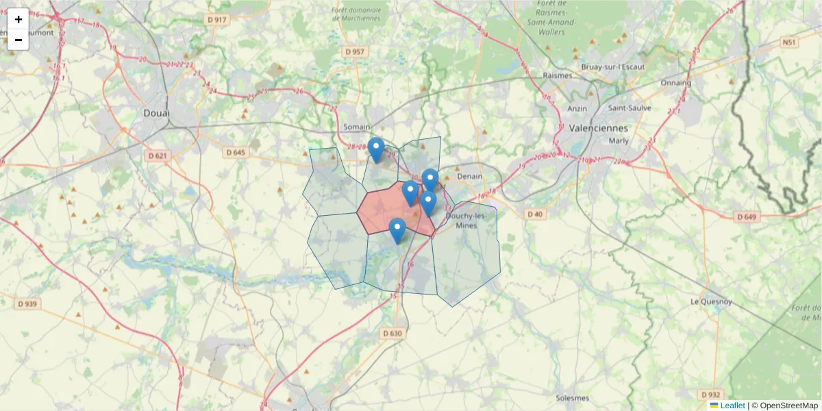 Carte de la zone du code postal  et des codes postaux voisins en France