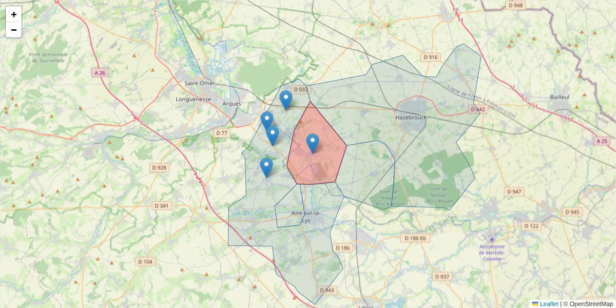 Carte de la zone du code postal  et des codes postaux voisins en France