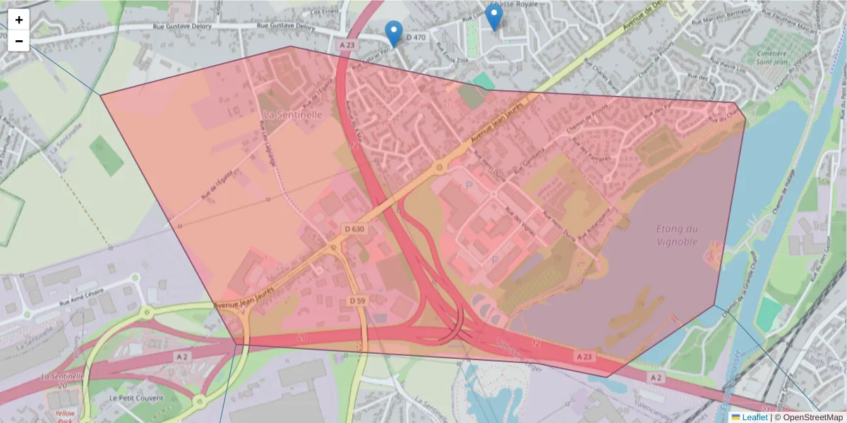 Carte de la zone du code postal  et des codes postaux voisins en France