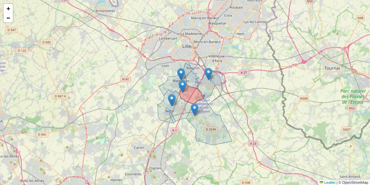Carte de la zone du code postal  et des codes postaux voisins en France