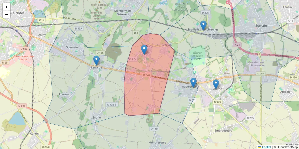 Carte de la zone du code postal  et des codes postaux voisins en France
