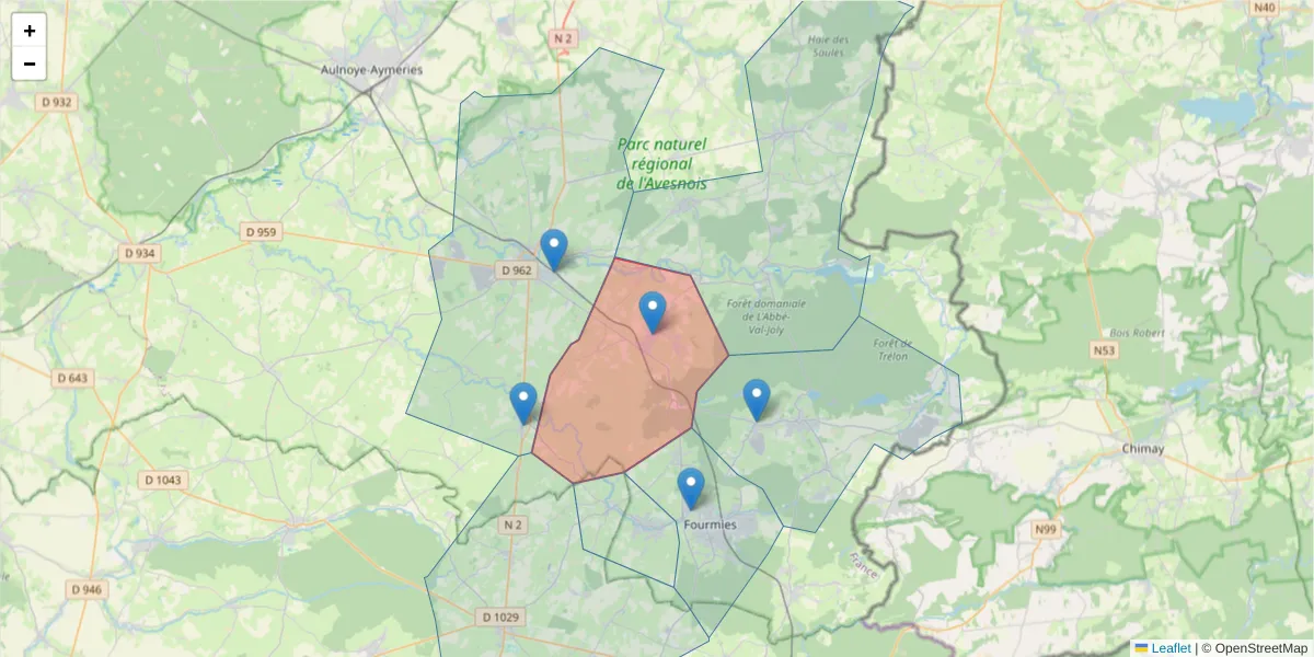 Carte de la zone du code postal  et des codes postaux voisins en France