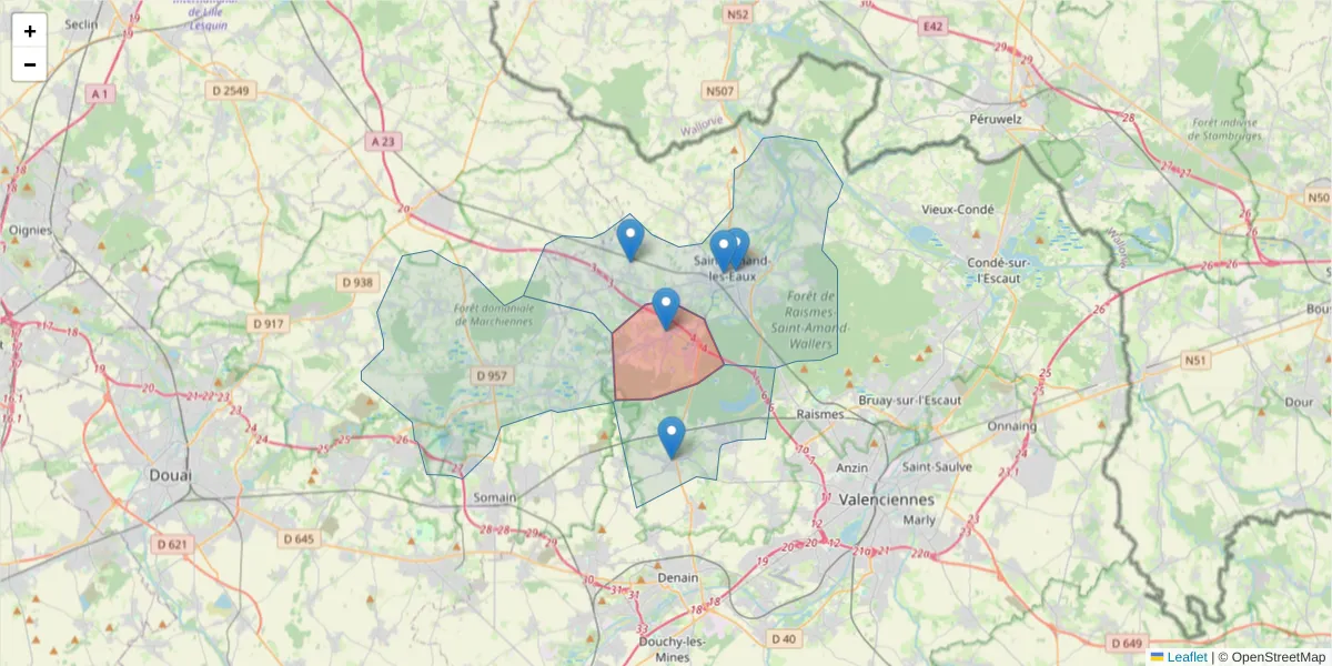 Carte de la zone du code postal  et des codes postaux voisins en France