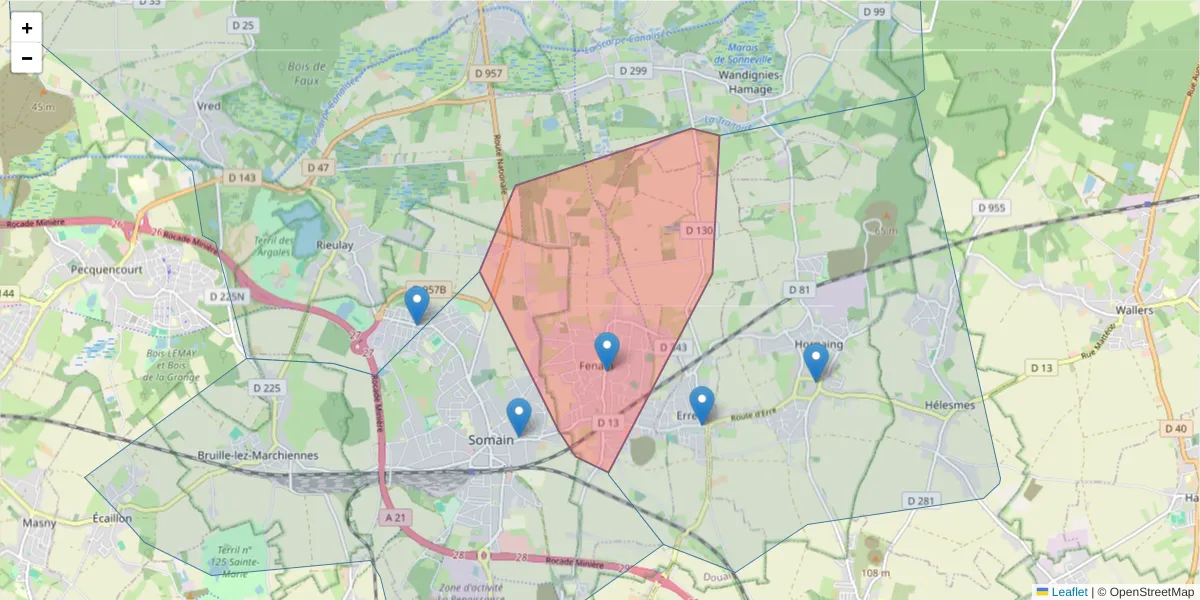 Carte de la zone du code postal  et des codes postaux voisins en France
