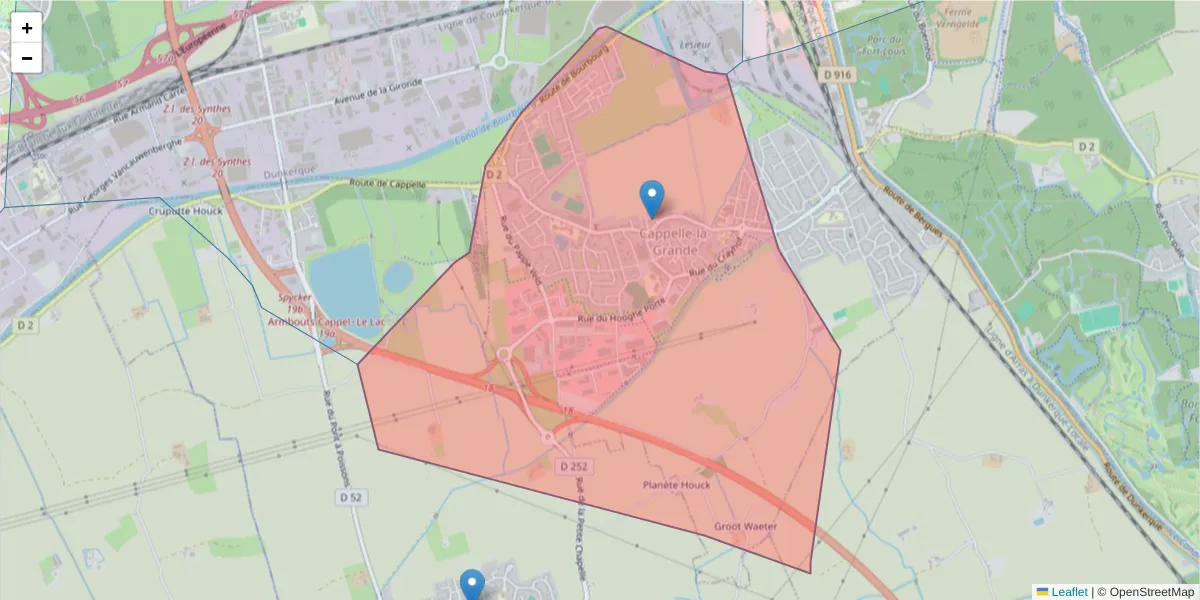Carte de la zone du code postal  et des codes postaux voisins en France