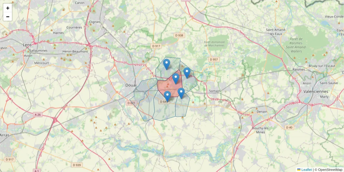 Carte de la zone du code postal  et des codes postaux voisins en France