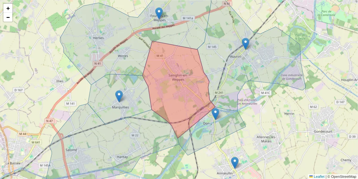 Carte de la zone du code postal  et des codes postaux voisins en France