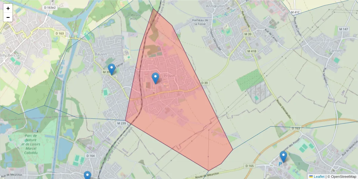Carte de la zone du code postal  et des codes postaux voisins en France