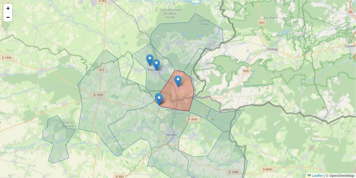Carte de la zone du code postal  et des codes postaux voisins en France