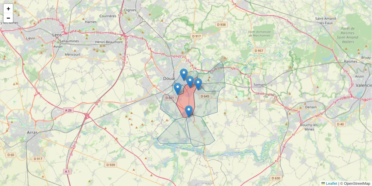 Carte de la zone du code postal  et des codes postaux voisins en France