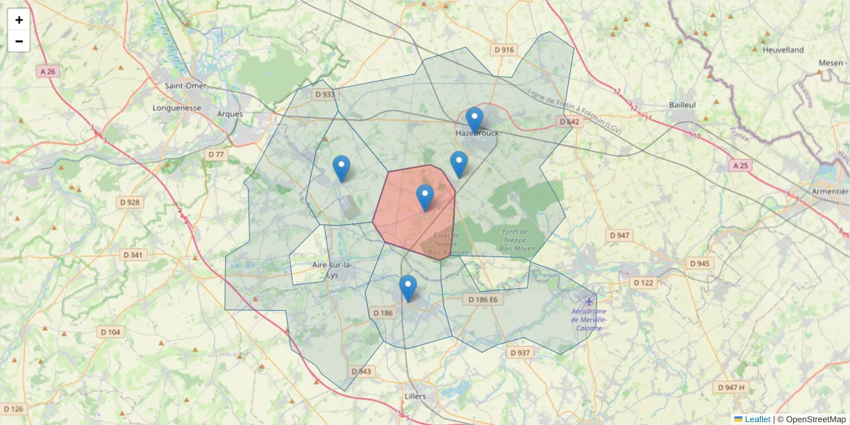Carte de la zone du code postal  et des codes postaux voisins en France