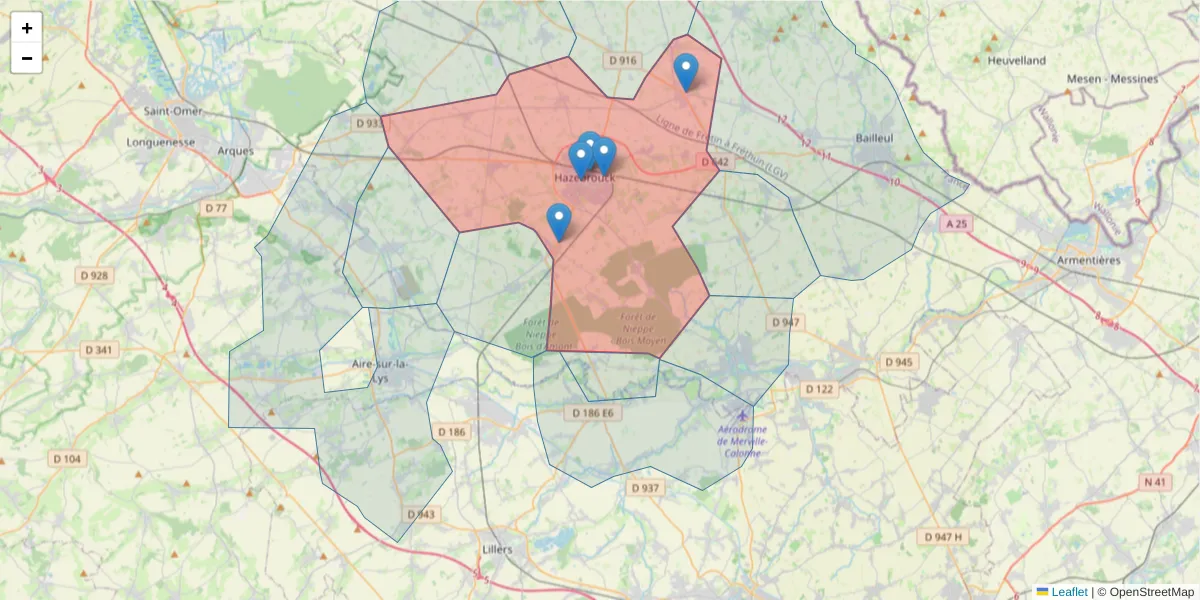 Carte de la zone du code postal  et des codes postaux voisins en France