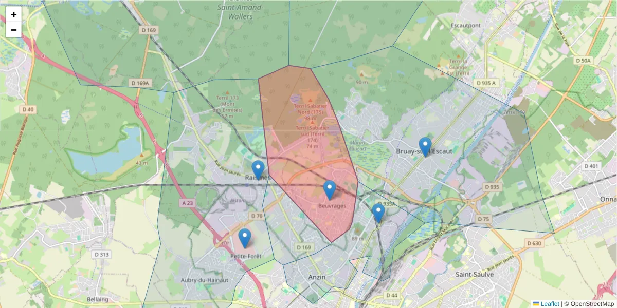 Carte de la zone du code postal  et des codes postaux voisins en France
