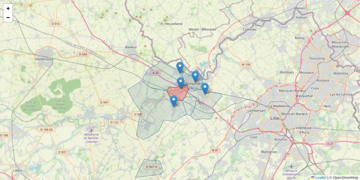 Carte de la zone du code postal  et des codes postaux voisins en France