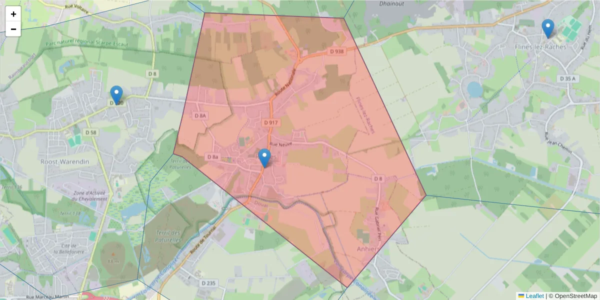 Carte de la zone du code postal  et des codes postaux voisins en France