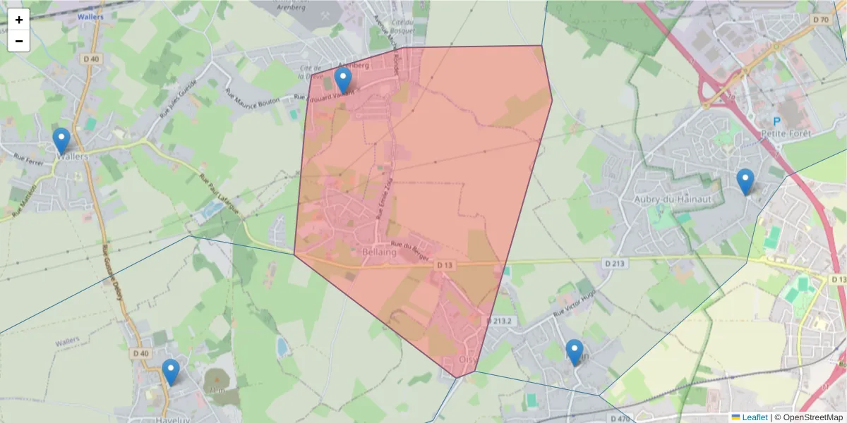 Carte de la zone du code postal  et des codes postaux voisins en France