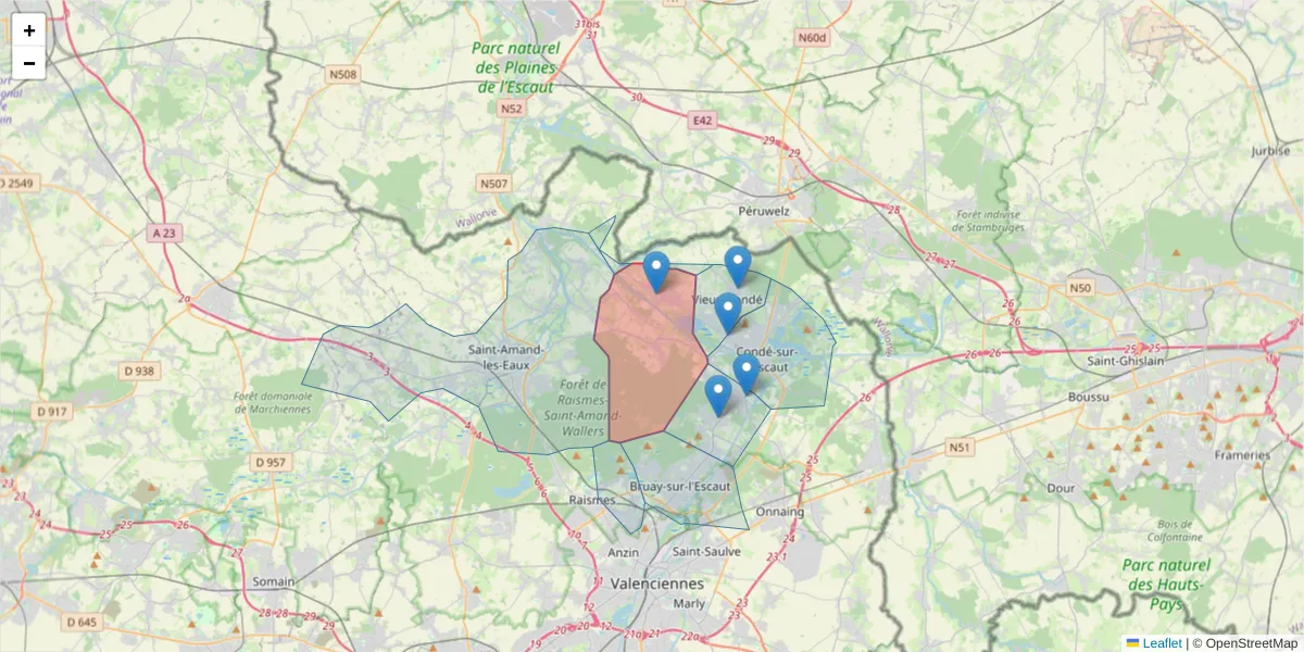 Carte de la zone du code postal  et des codes postaux voisins en France