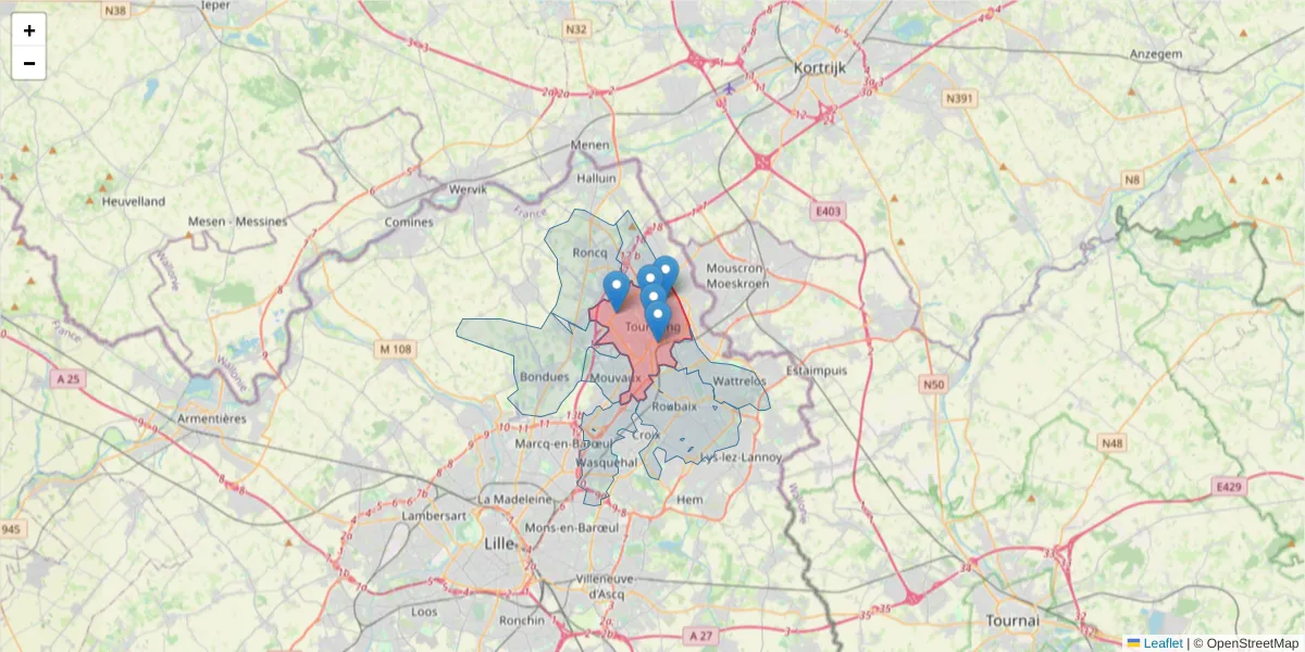 Carte de la zone du code postal  et des codes postaux voisins en France