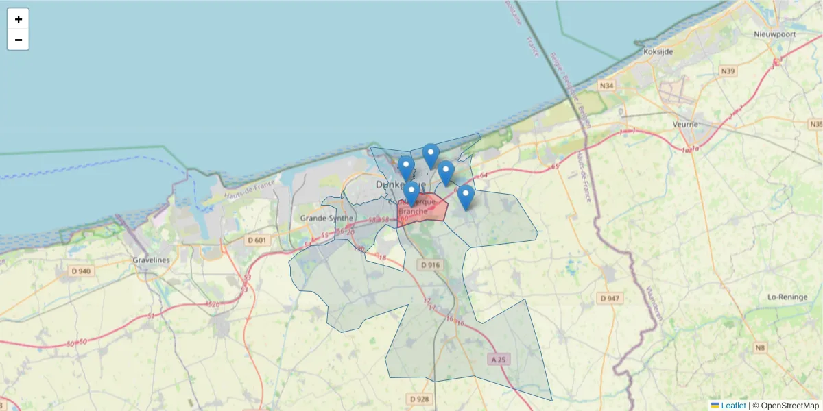 Carte de la zone du code postal  et des codes postaux voisins en France