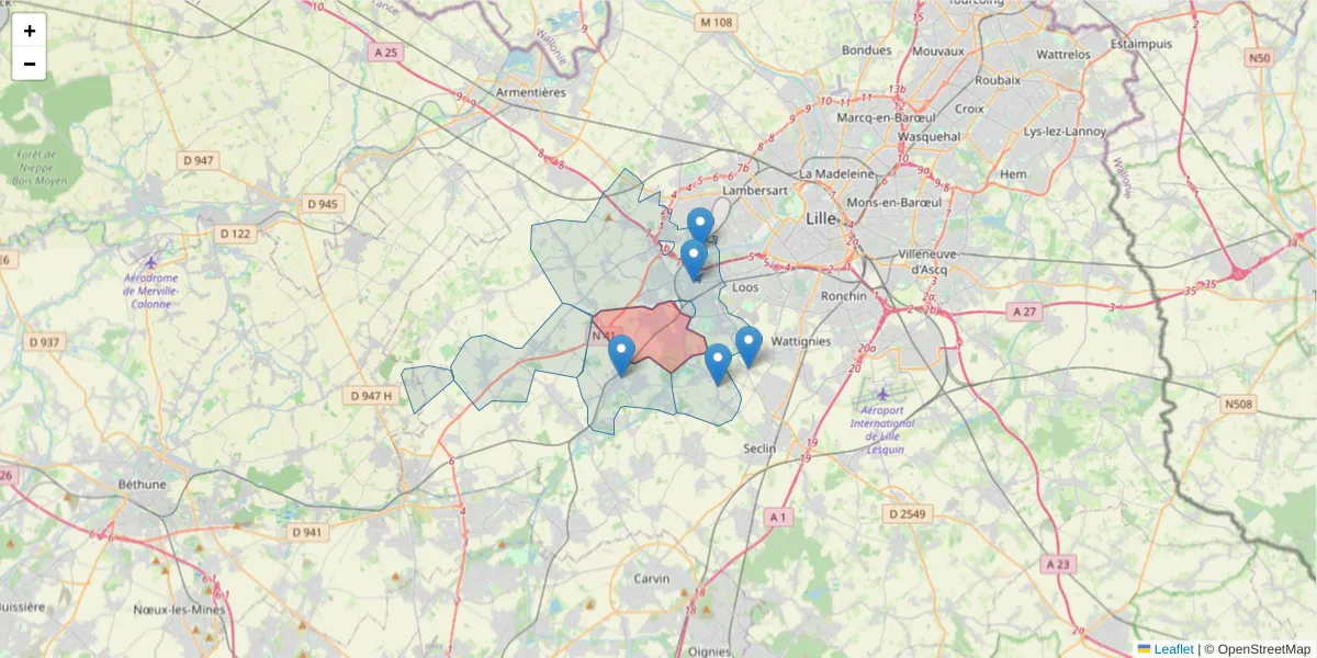 Carte de la zone du code postal  et des codes postaux voisins en France