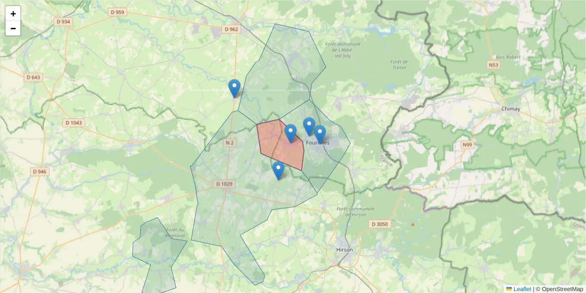 Carte de la zone du code postal  et des codes postaux voisins en France