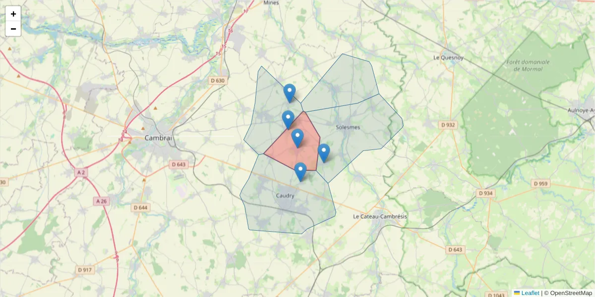 Carte de la zone du code postal  et des codes postaux voisins en France
