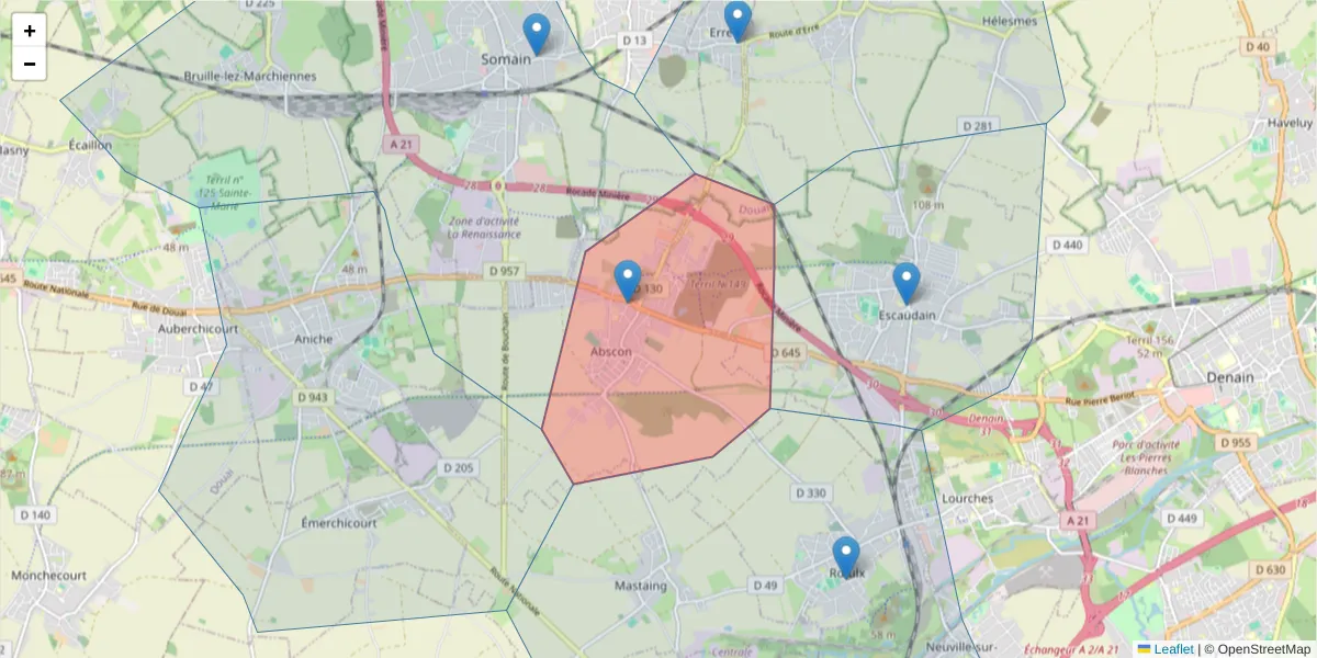 Carte de la zone du code postal  et des codes postaux voisins en France