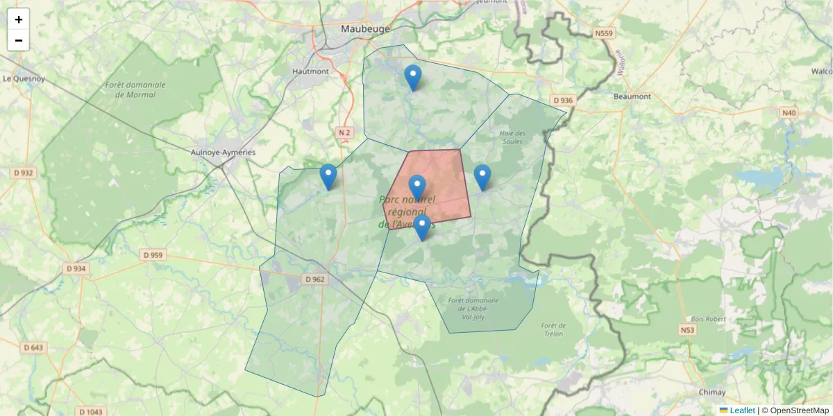 Carte de la zone du code postal  et des codes postaux voisins en France