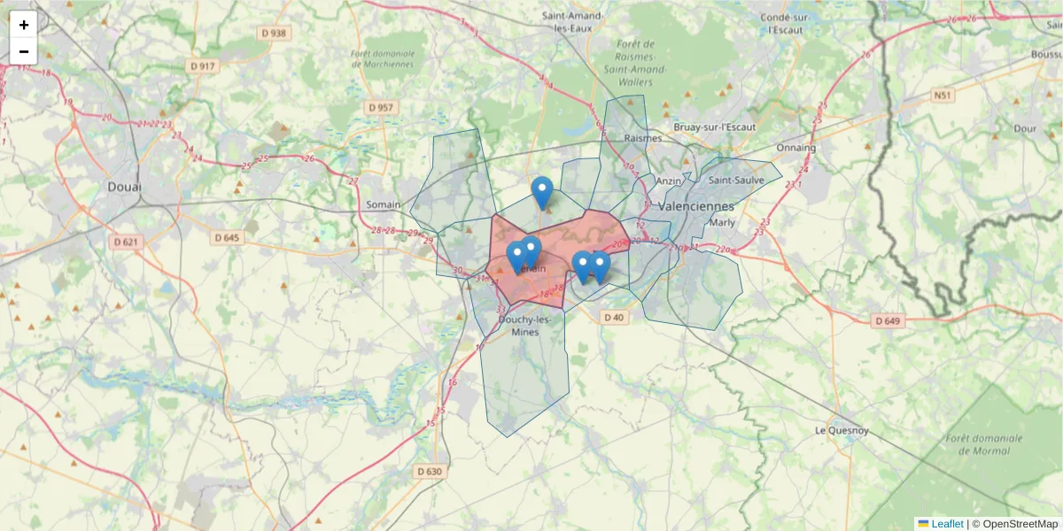 Carte de la zone du code postal  et des codes postaux voisins en France