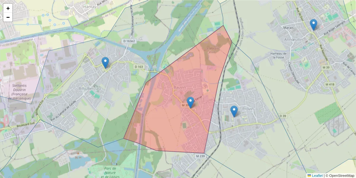 Carte de la zone du code postal  et des codes postaux voisins en France