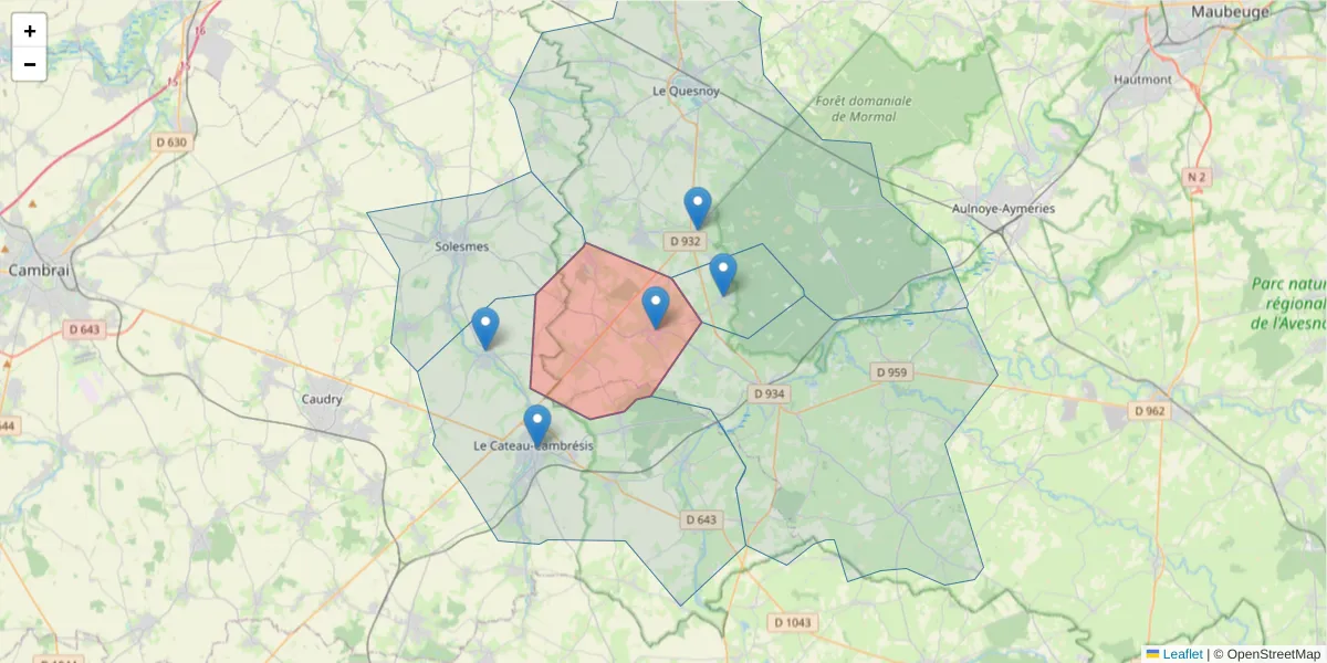 Carte de la zone du code postal  et des codes postaux voisins en France