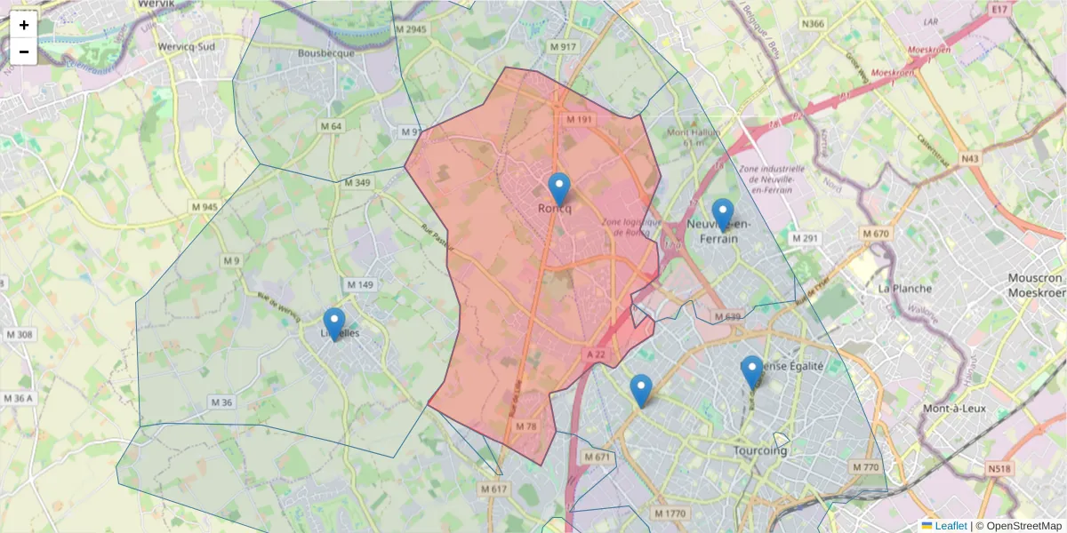 Carte de la zone du code postal  et des codes postaux voisins en France