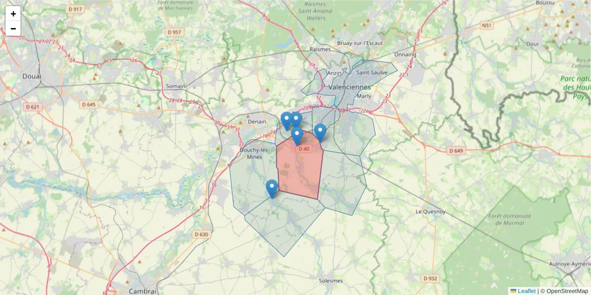 Carte de la zone du code postal  et des codes postaux voisins en France