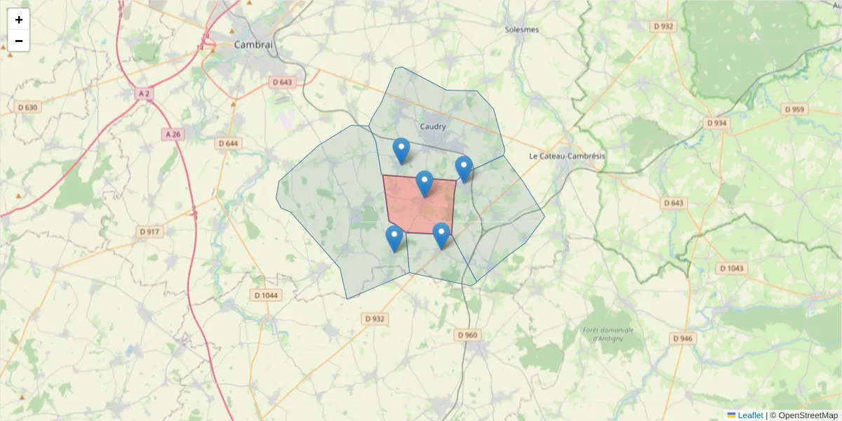 Carte de la zone du code postal  et des codes postaux voisins en France