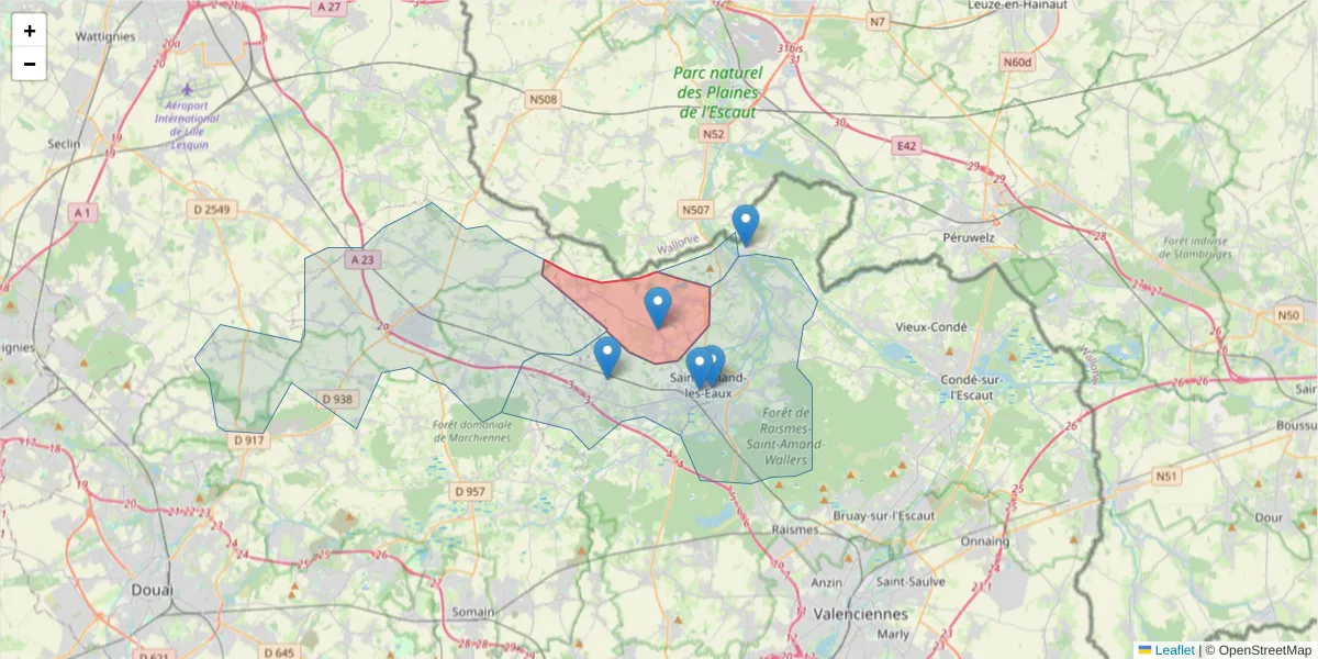 Carte de la zone du code postal  et des codes postaux voisins en France