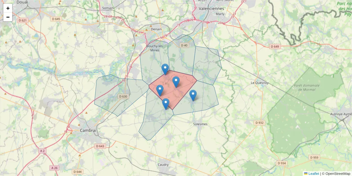 Carte de la zone du code postal  et des codes postaux voisins en France