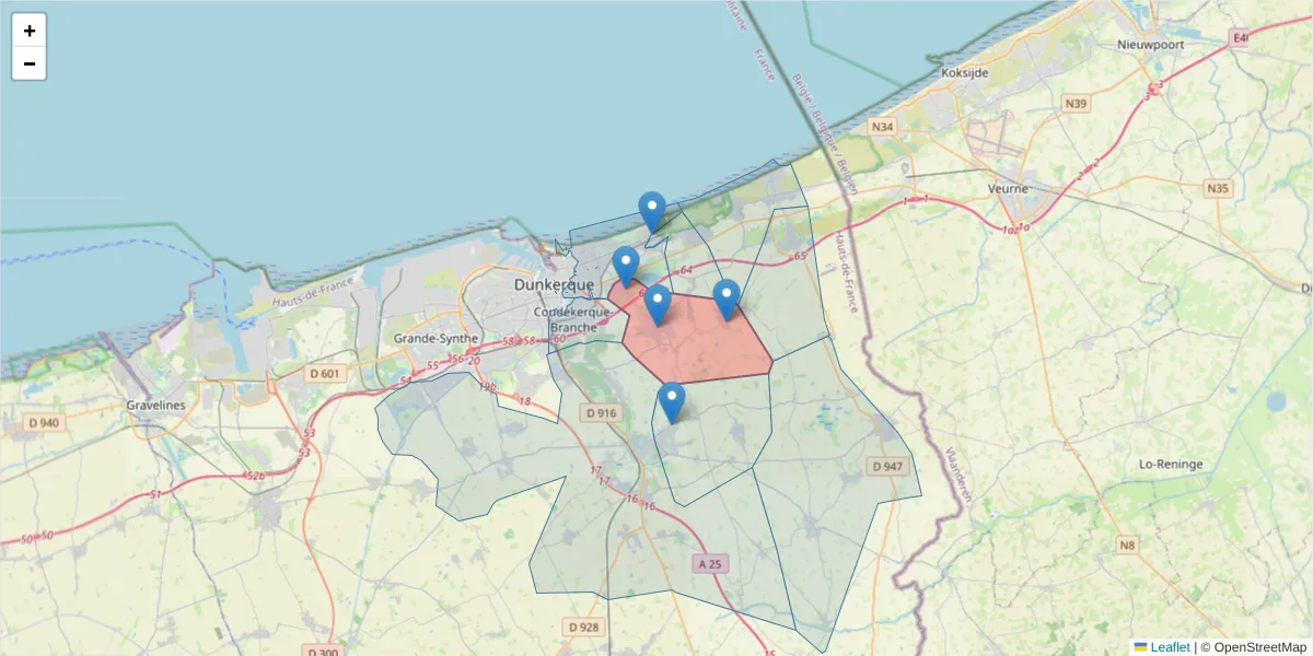 Carte de la zone du code postal  et des codes postaux voisins en France