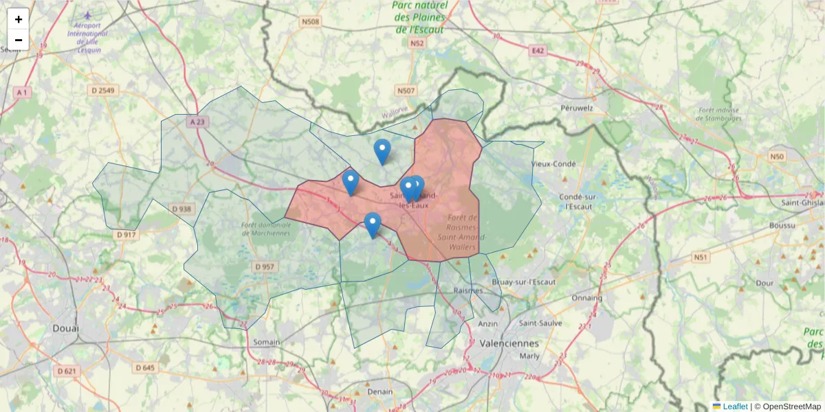 Carte de la zone du code postal  et des codes postaux voisins en France