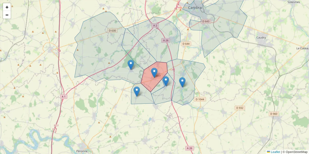 Carte de la zone du code postal  et des codes postaux voisins en France