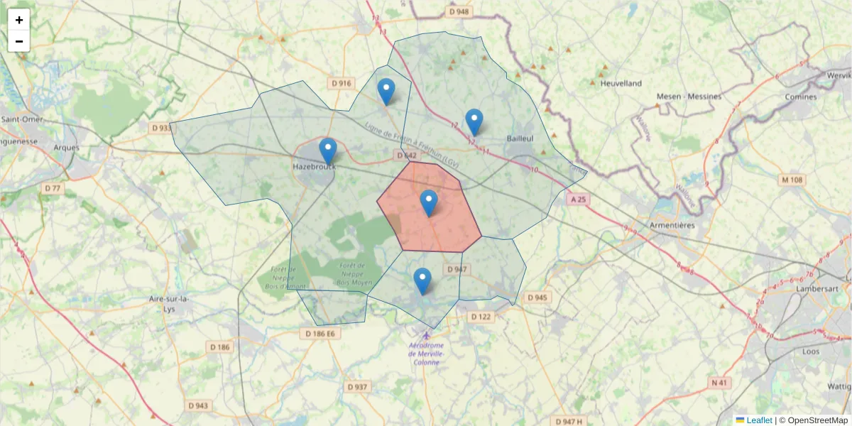 Carte de la zone du code postal  et des codes postaux voisins en France