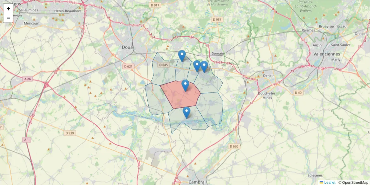 Carte de la zone du code postal  et des codes postaux voisins en France