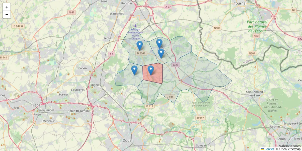 Carte de la zone du code postal  et des codes postaux voisins en France