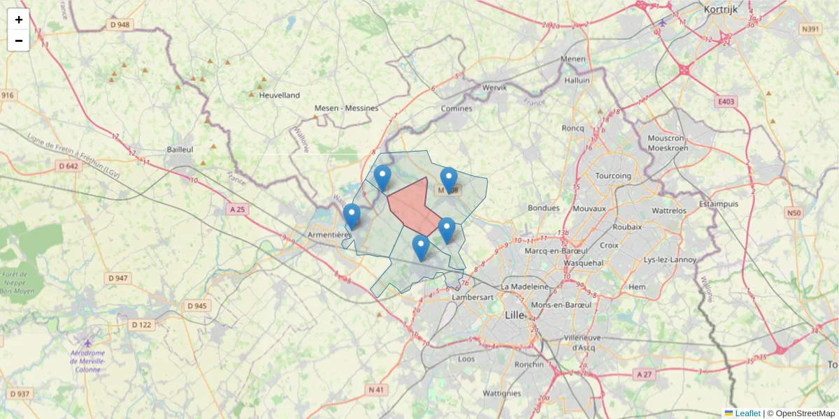 Carte de la zone du code postal  et des codes postaux voisins en France
